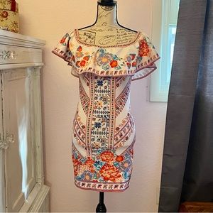 Bright Color on Danish/Tropical/Aztec Print, stretchable fitted above knee Dress